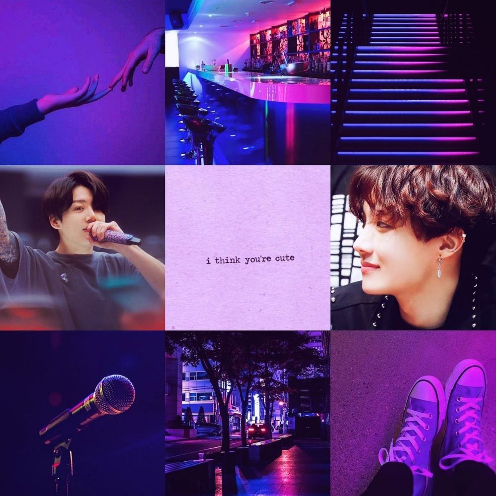 Moodboard with nine images
One: two hands touching like the painting The Creation of Adam
Two: a bar with purple lights
Three: staircase with purple lights
Four: Jeon Jungkook singing
Five: a purple paper with the sentence "I think you're cute"
Six: Jung Hoseok profile, smiling
Seven: a microphone
Eight: a hall
Nine: a pair of converse shoes