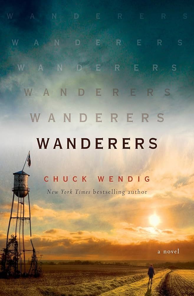 Landscape book cover showing the sun low in the sky, a water tower with a flag atop on the left, and a awesome walking down an empt dirt road on the right.