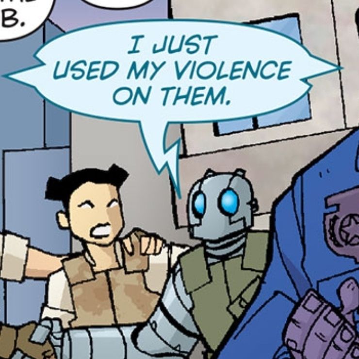 Part of a panel from Atomic Robo. A humanoid robot is saying, "I just used my violence on them."