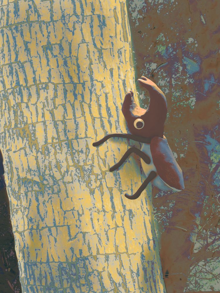 A plasticine sculpture of a male rhinoceros beetle scaling a tree. His googly eye makes it look like he's suspiciously watching us over his shoulder.