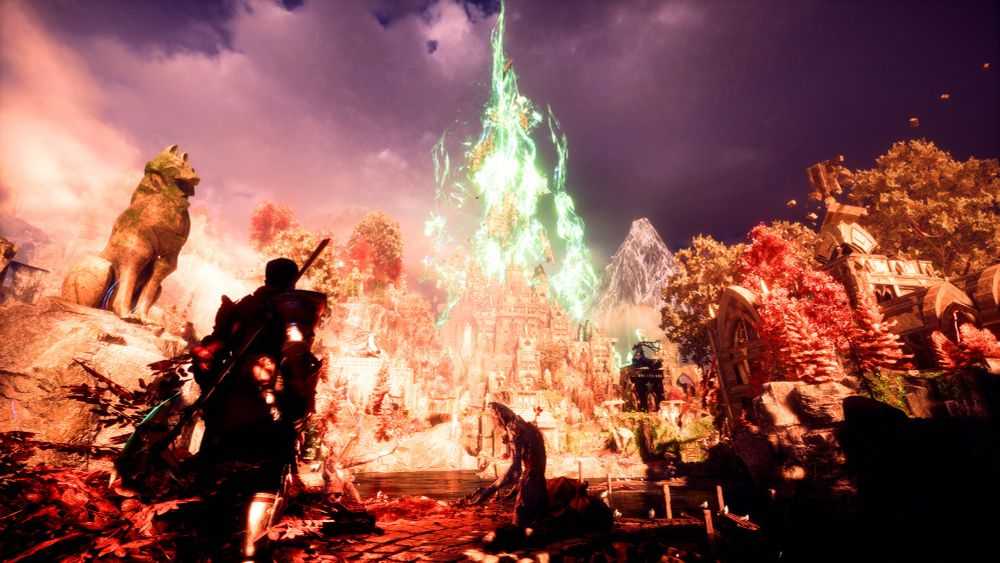 Warrior looking at an ancient city who's magic has been reawoken. 