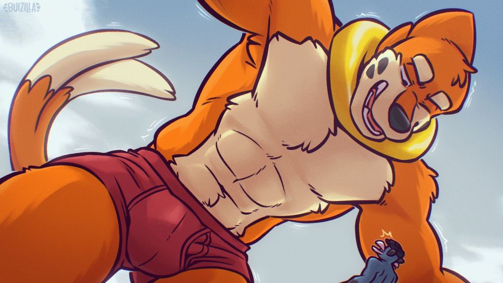 Bui in boxerbriefs (and bulge) looming over a tinier bigger Alkali