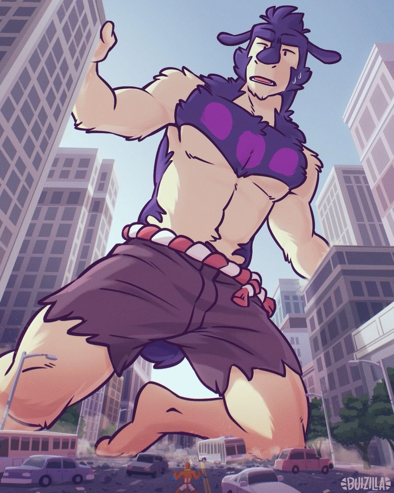 Ten is kaiju-sized and looming over a city street, with Bui looking up at him