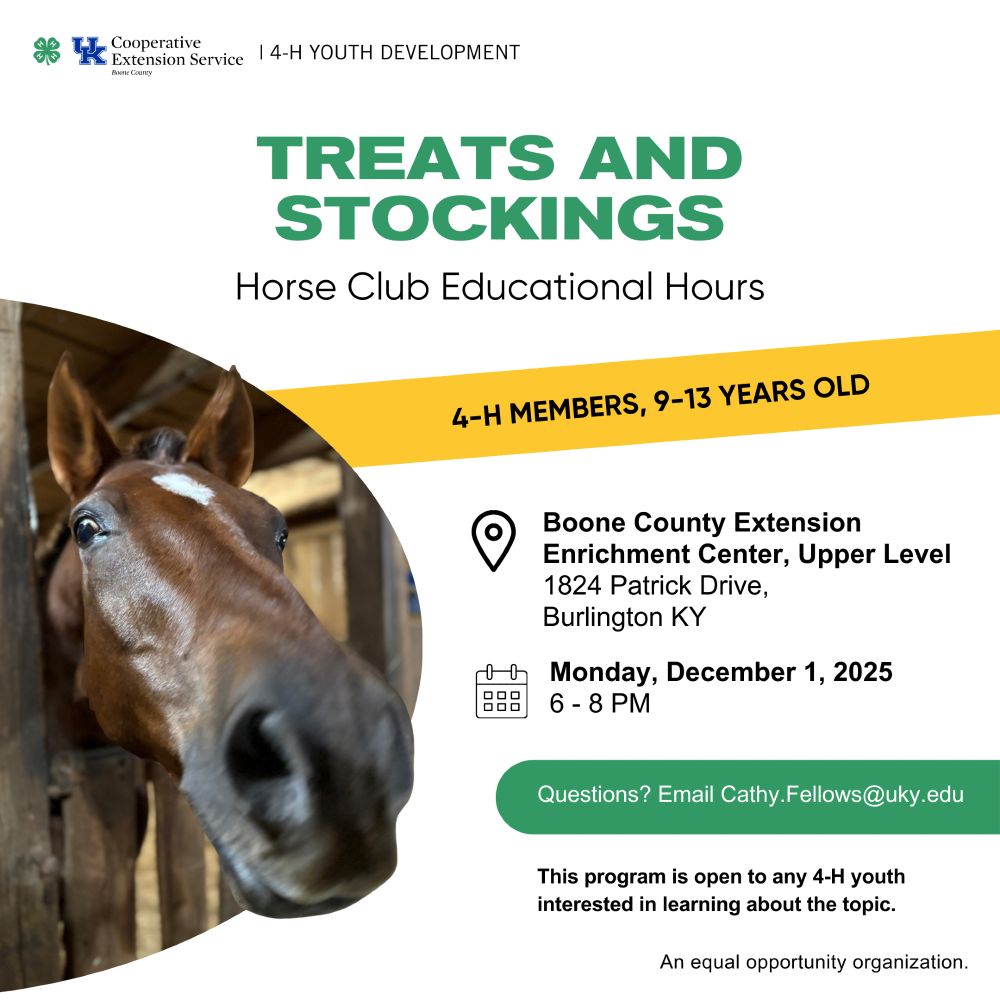 UK Cooperative Extension Service, Boone County 4-H Youth Development event ad. Treats and Stockings: Horse Club Educational Hours. 4-H Members, 9-13 Years old. Located at the Boone County Extension oEnrichment Center, Upper Level, 1824 Patrick Drive, Burlington KY. Monday, December 1, 2025 from 6-8 PM. Questions? Email Cathy.Fellows@uky.edu. This program is open to any 4-H youth who is interested in the topic. An equal opportunity organization. 
