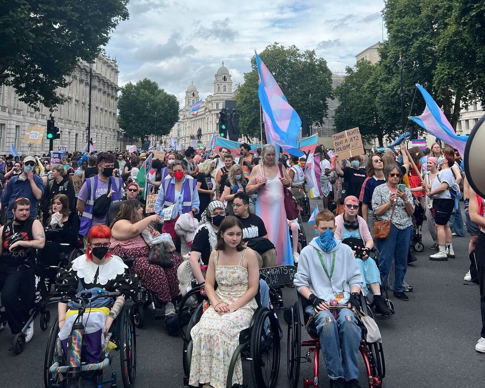 The front of Trans Pride 2025 with the accessibility block at the front behind is the precession of people carnying flags, placards and banners as far along Whitehall as can be seen