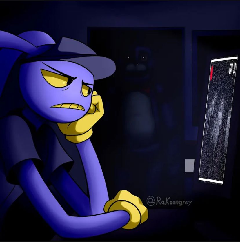 Jax from The Amazing Digital Circus unaware of Bonnie from Five Nights at Freddy’s looking in the doorway. Image by RaKoongrey