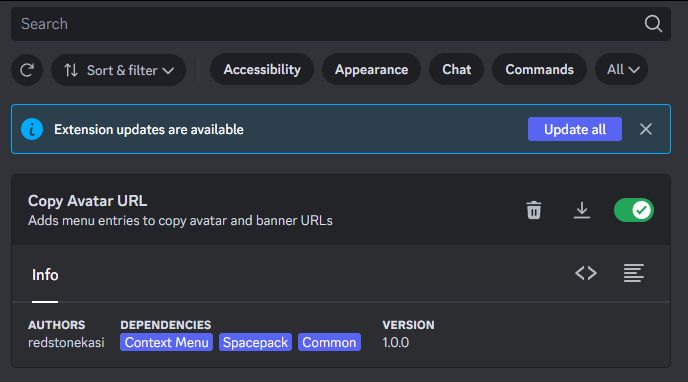 The top of Moonbase. The "Extension updates are available" bar has a new "Update all" button.