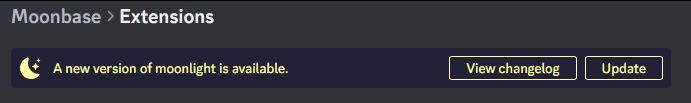 Screenshot of the top of Moonbase. The moonlight update prompt features a button to open the changelog.