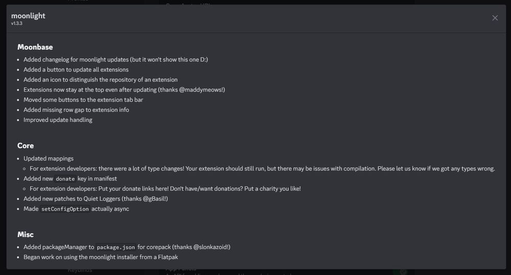 A modal of the moonlight v1.3.3 changelog