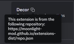 A tooltip on an extension card showing the repository URL