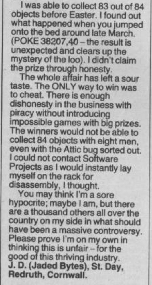 A letter complaining about the unfairness of not being able to complete Jet Set Willy without POKEs