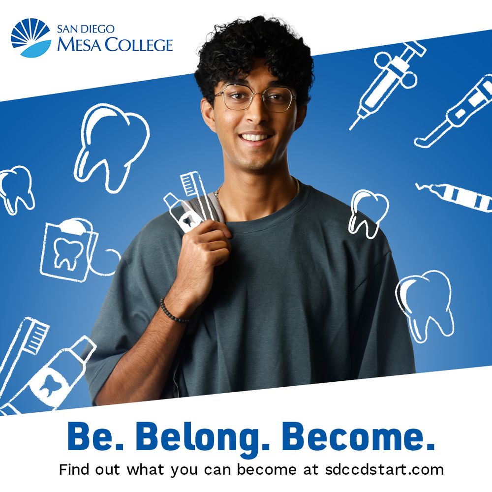 A student surrounded by drawings related to dentistry. Text says be belong become