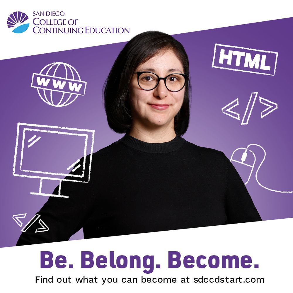 A student surrounded by drawings related to web development. Text says be belong become