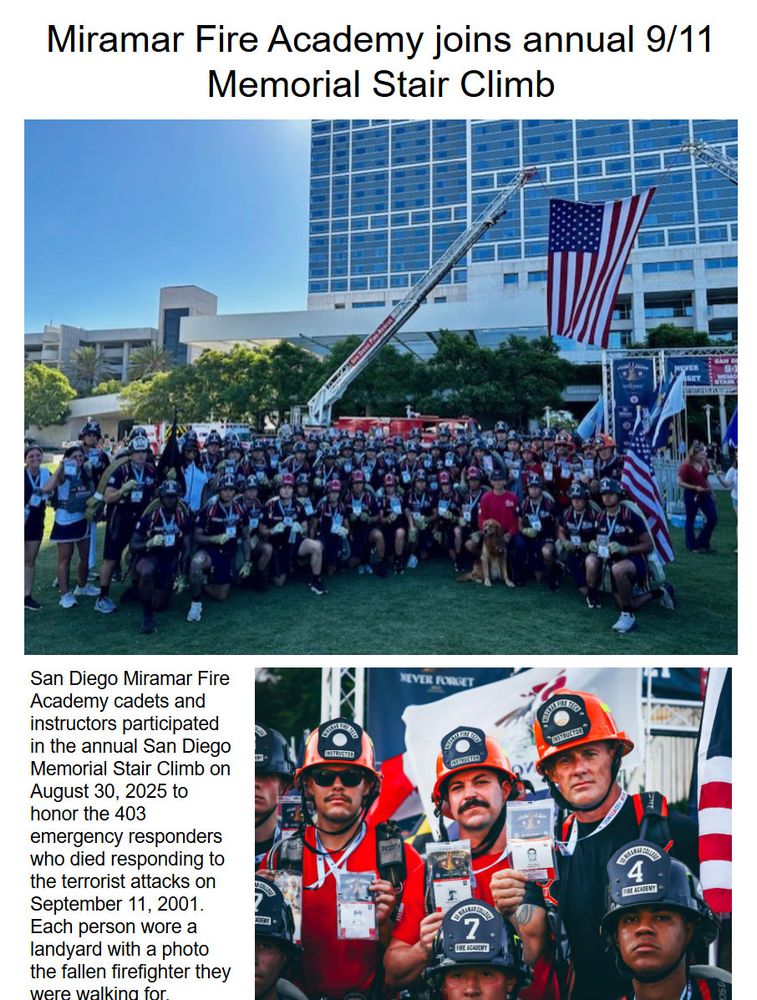 Fire academy cadets and instructors at the stair climb event under an American flag. Text reads Academy joins annual 9 11 memorial stair climb
