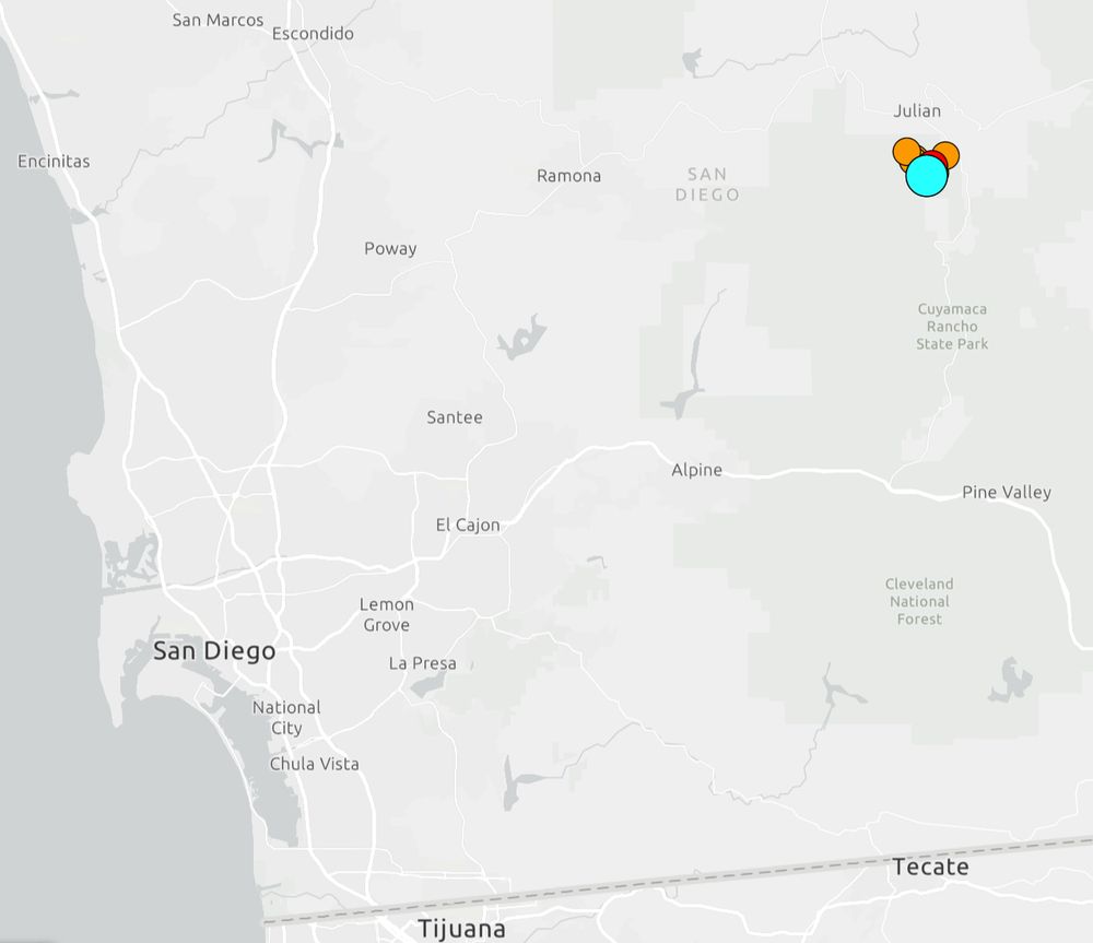 A map of San Diego County indicating the epicenter of the quake near Julian