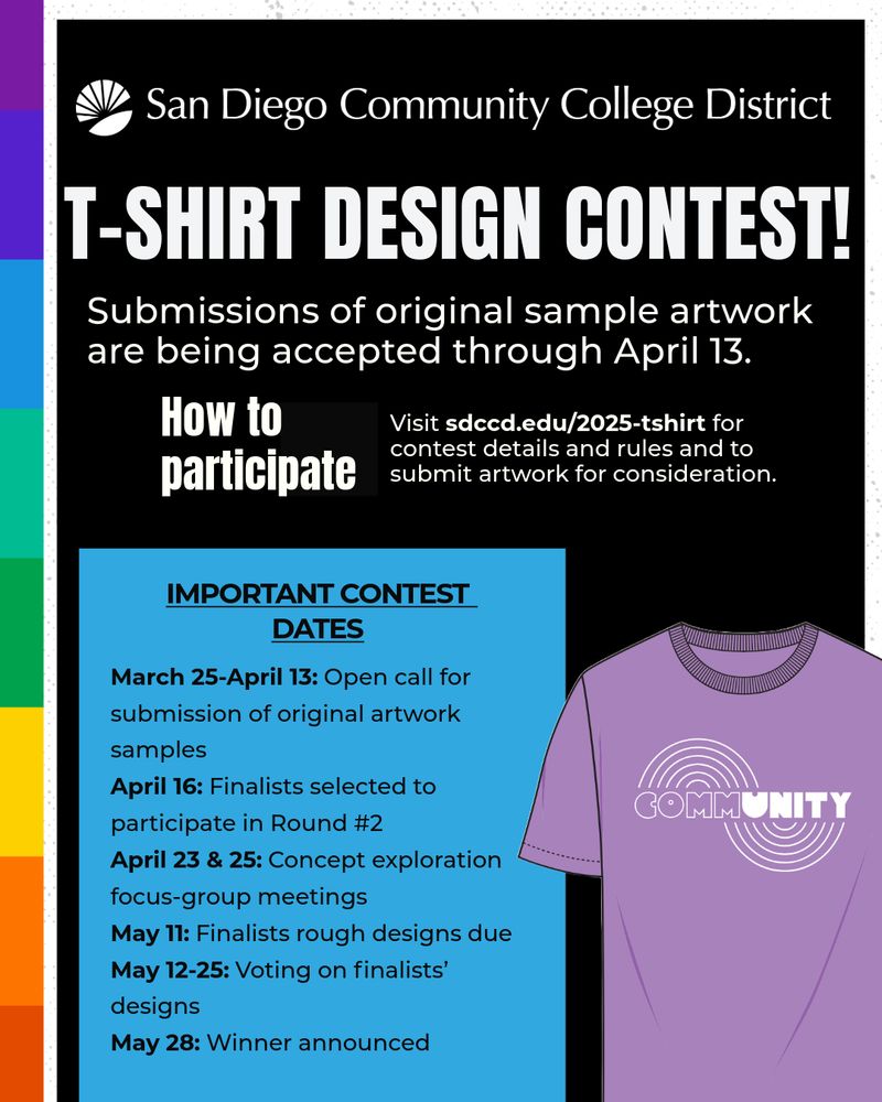 A purple pride t shirt from last year and a list of important dates that are listed at sdccd.edu/2025-tshirt