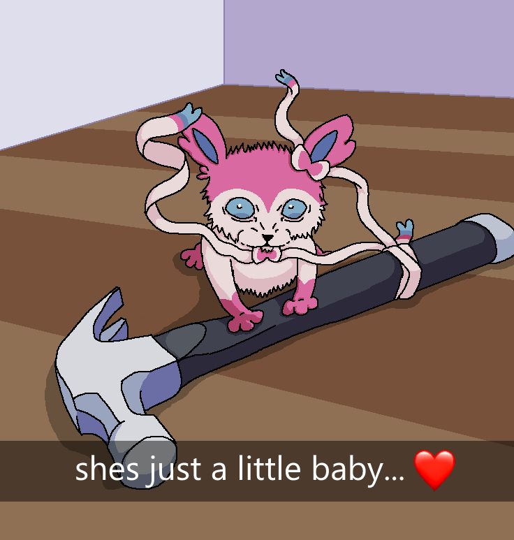 A small Sylveon stares at you with a menacing expression while gripping a hammer. The caption reads "shes just a little baby... ❤️"