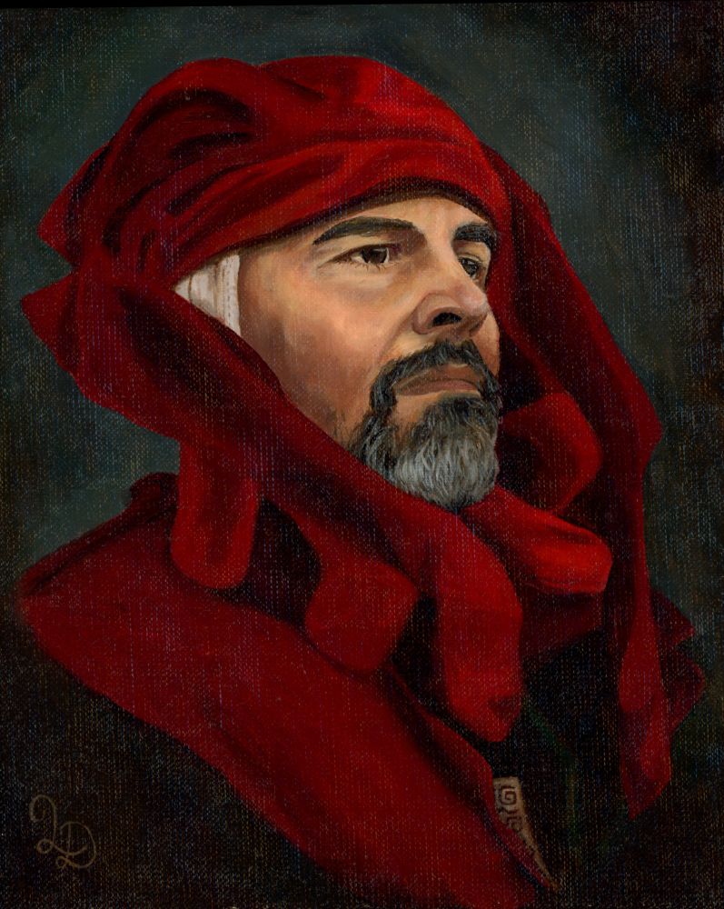 An acrylic portrait of a man in Medieval clothes, wearing a red hat.