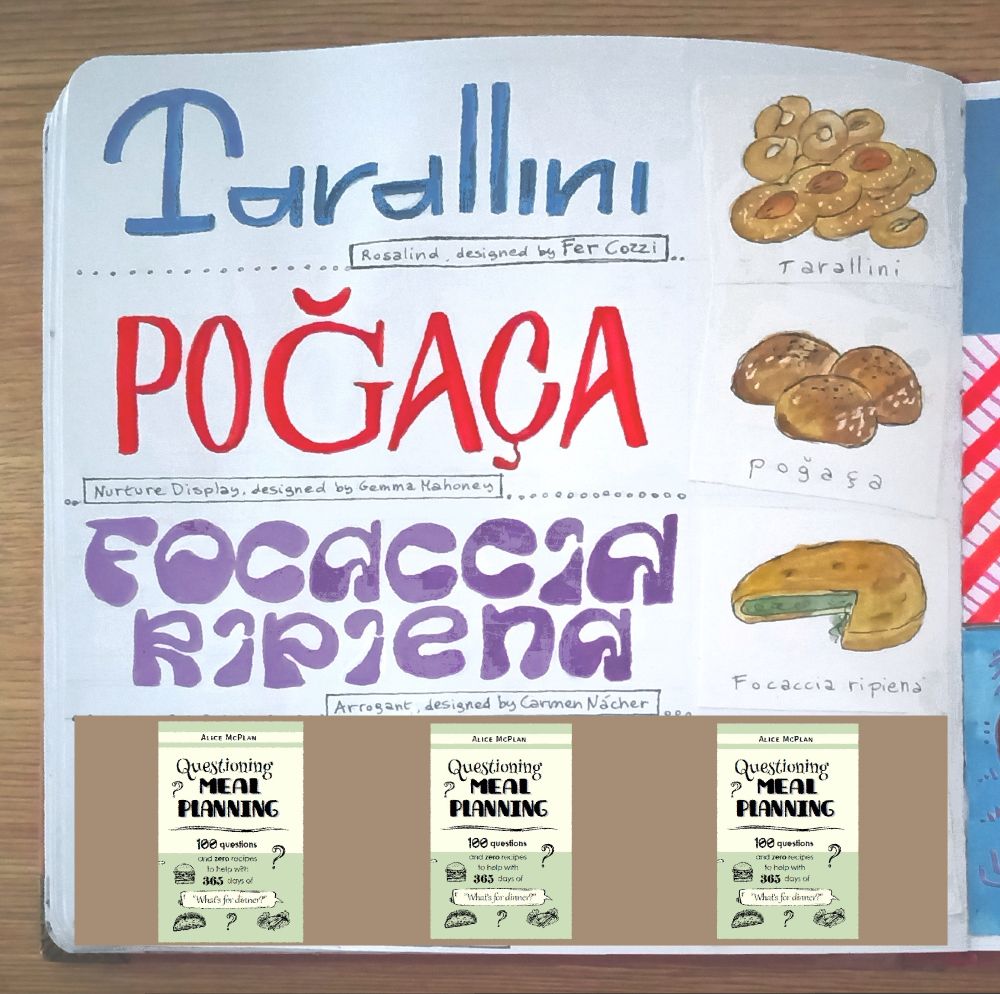 Exploring fun fonts designs writing the answer to a question in my "Questioning Meal Planning" book. I used the bubbly font "Arrogant" designed by Carmen Nacher to write the word Focaccia ripiena. Next to the word, I created a little watercolor of a focaccia filled with leeks.