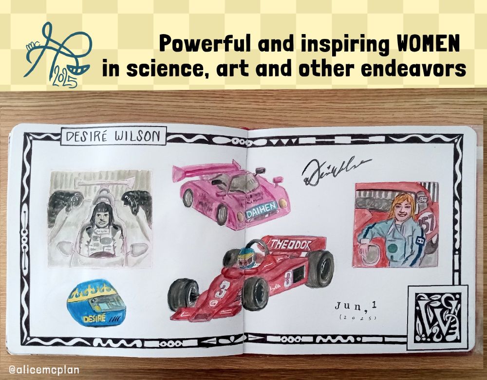 In a black and white frame with the head letter W in the corner, a two page spread of various elements related to the woman featured today (Desiré Wilson). All elements are created with watercolor and watercolor pencils. Several pieces of art scattered around. Greyscale picture of Desire in a F1 car, colorful picture of Desire in front of a red vintage car. A red F1 card, a pink sports car and a blue/yellow racing helmet.
