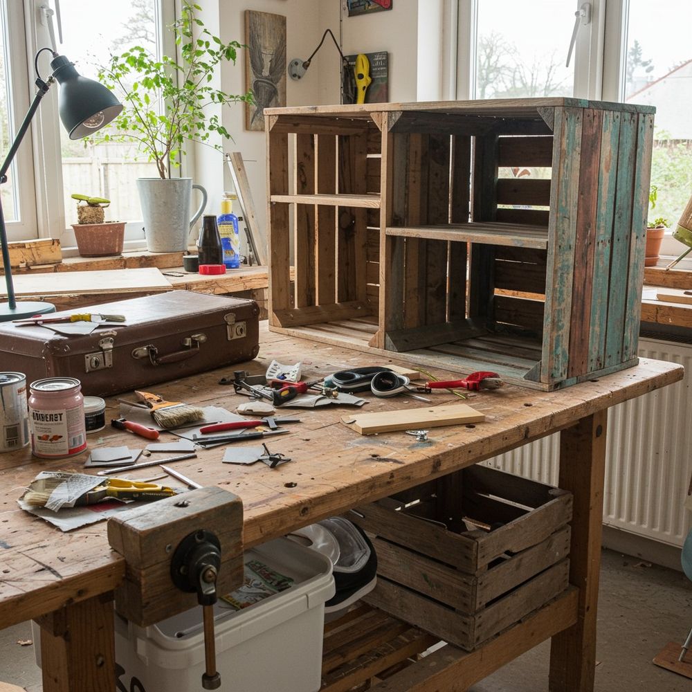 DIY workspace with upcycled materials and tools