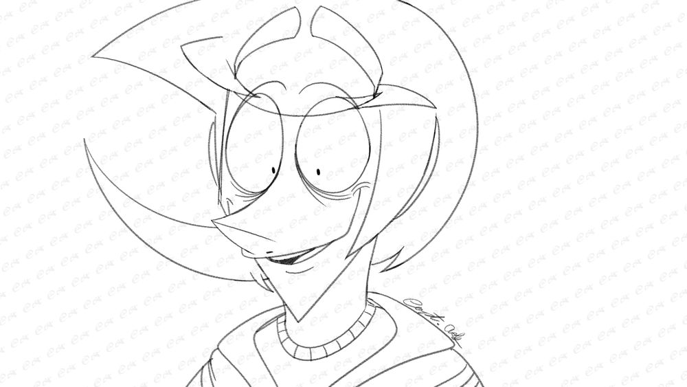 Ash staring down at someone with her small pupils (note the lack of irises) and smiling, drawn mid-sentence, talking to someone off screen.