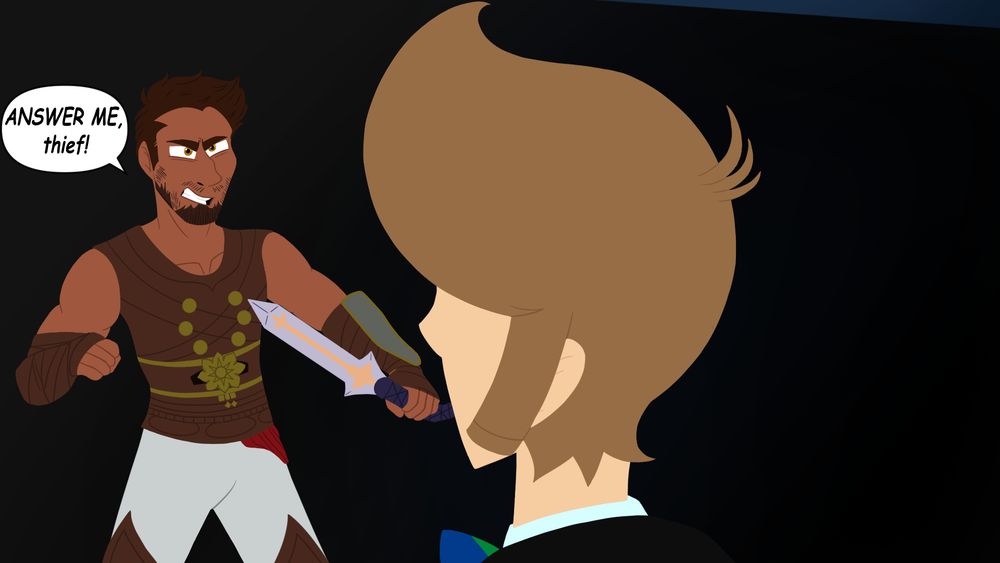 The stranger quickly gets into a battle stance and grabs their weapon, revealed to be a sword, and shouts, "ANSWER ME, thief!" while Michael turns to face them.