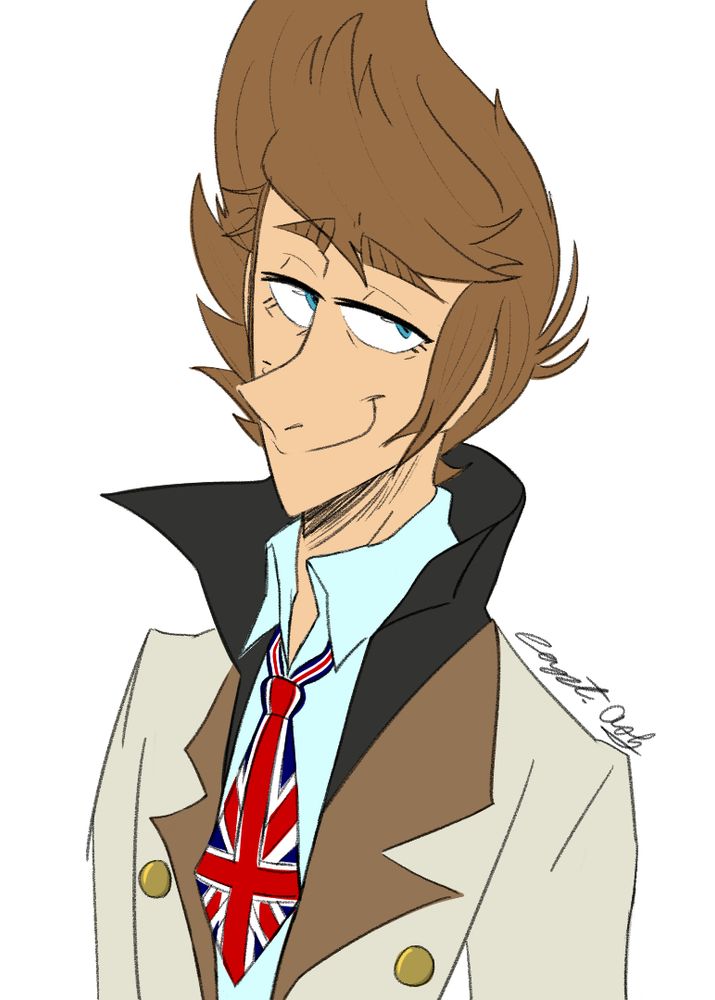 An older sketch of my OC Michael dressed in a parody outfit of Francis Fitzgerald from the anime Bungo Stray Dogs (BSD). His gaze is to the right (his left) and a wide grin is plastered across his face. His iconic sweatervest and bowtie have been traded in for Francis' normal outfit from BSD. Everything about Francis' clothes are exactly the same except for the tie's pattern. Francis' classic white and red tie is instead drawn as the union jack in reference to Michael James' nationality.