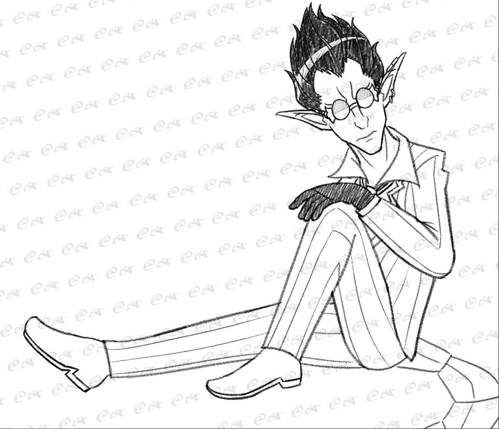 A sketch of the infamous imp Demiurge from the anime Overlord. He stares at someone off screen with a neutral look. He rests in a semi-relaxed pose while he stares.