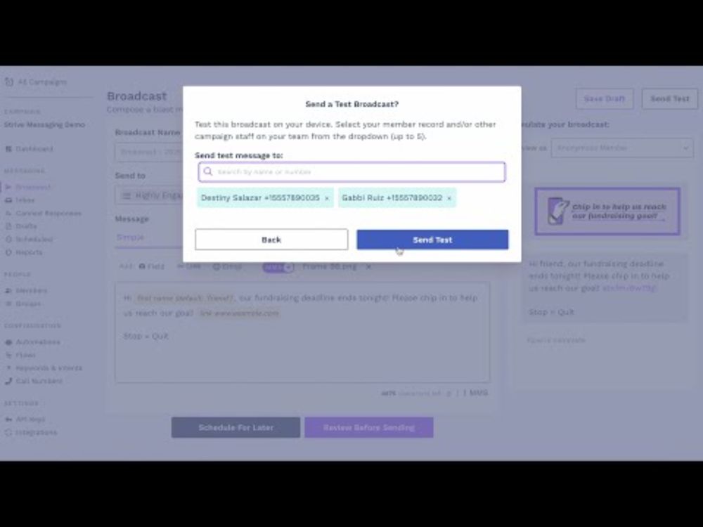 Test a Broadcast Message in Strive Messaging