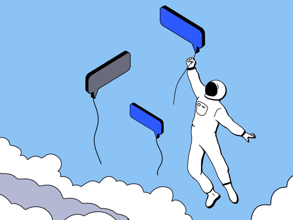 A Strive Messaging astronaut floating into space with chat bubble balloons
