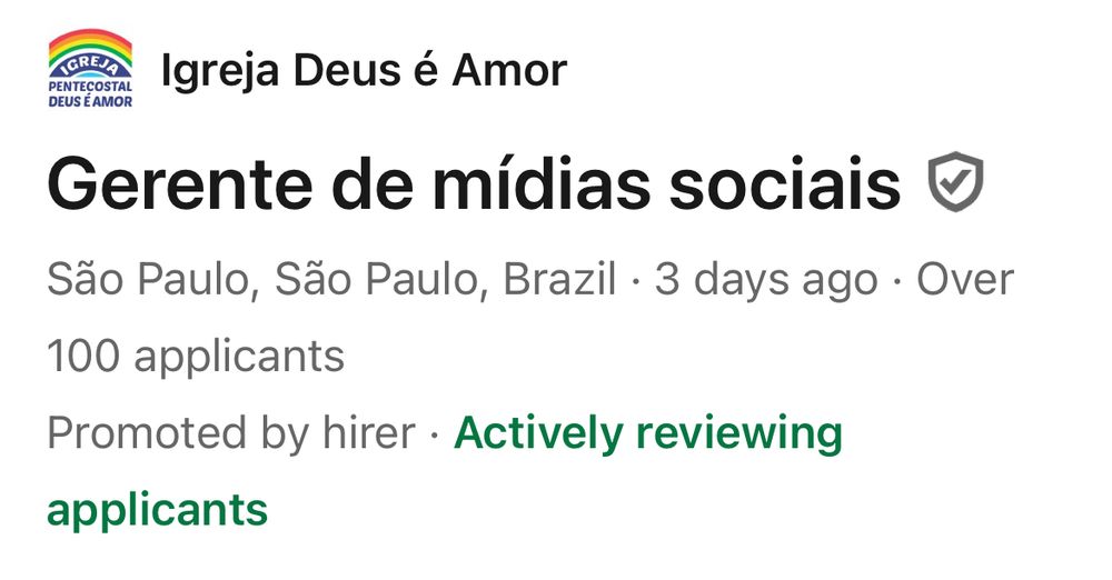 print da vaga no linkedin de gerente de mídias sociais para a igreja deus é amor 