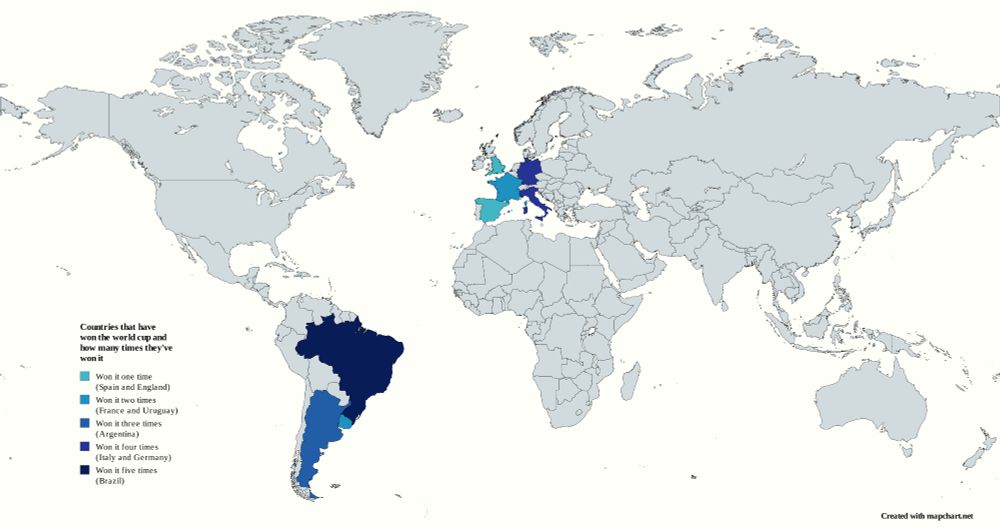Map depicting all the winners of the FIFA World Cup