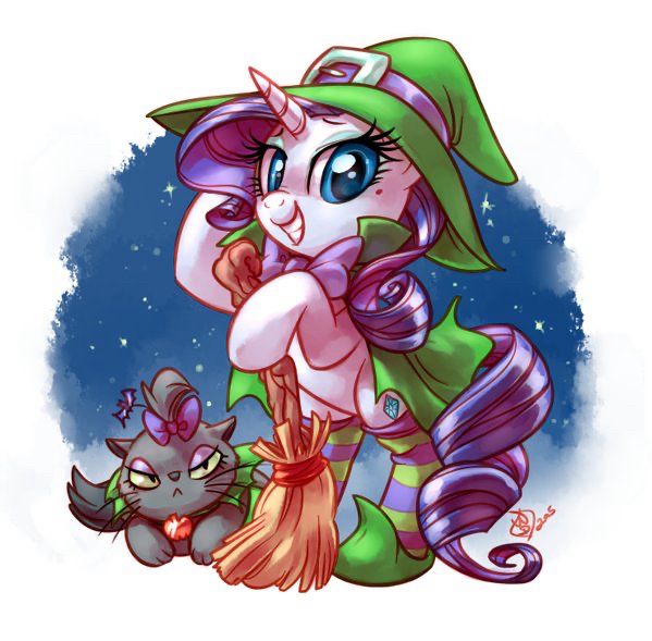 A digital artwork of Rarity the unicorn from My Little Pony in a green witch outfit with purple accents, holding a broomstick, with her cat opalescence beside her