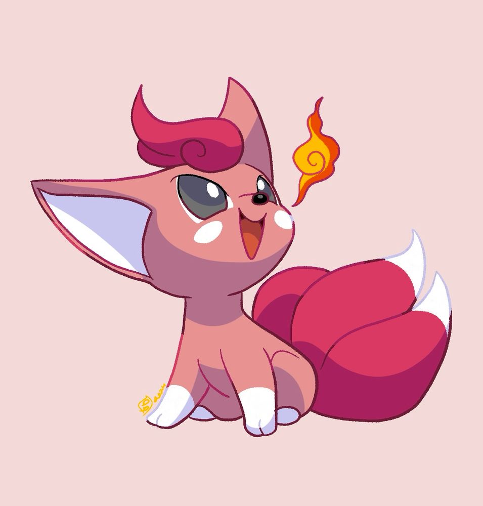 Digital art of a small reddish-pink fox Pokémon with large ears, three tails, a tuft of curled fur on top of its head, and large, gray eyes, happily blowing out a little puff of swirly flame