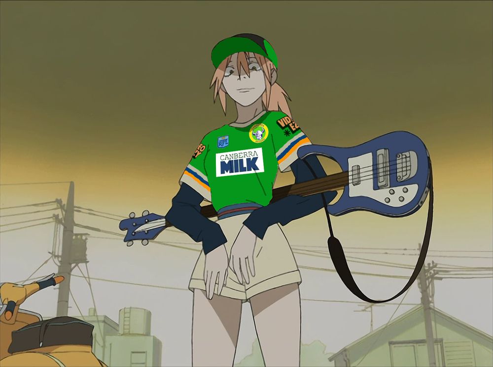 A picture of Haruko from FLCL wearing a Canberra Raiders heritage jersey.