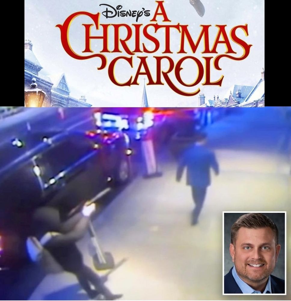 A title that reads "Disney's A Christmas Carol". Below the title is a frame from the camera footage of the assassination of a health insurance CEO.