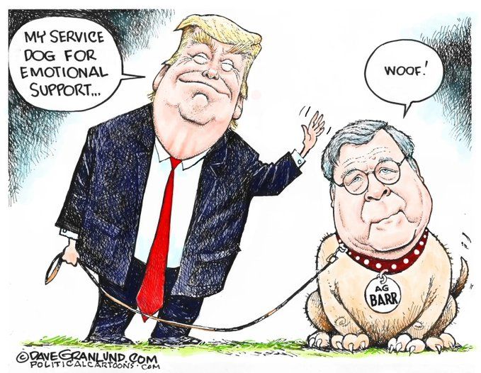 This is a cartoon by Dave Granlund, It depicts tRUMP patting his lap doggie on the head. The doggie looks suspiciously more like Bill Barr a than a bulldog... The caption reads: 