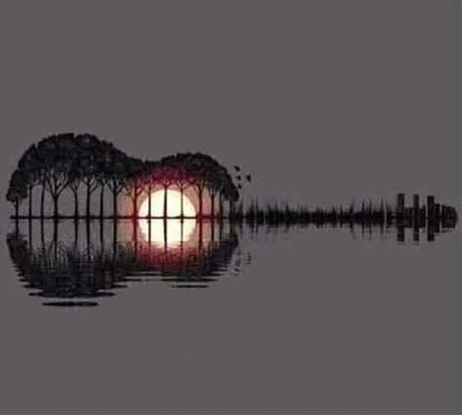  Art, origin unknown: With the light of a full moon, the silhouettes of trees on the horizon reflect in the water, creating the shape of a guitar.