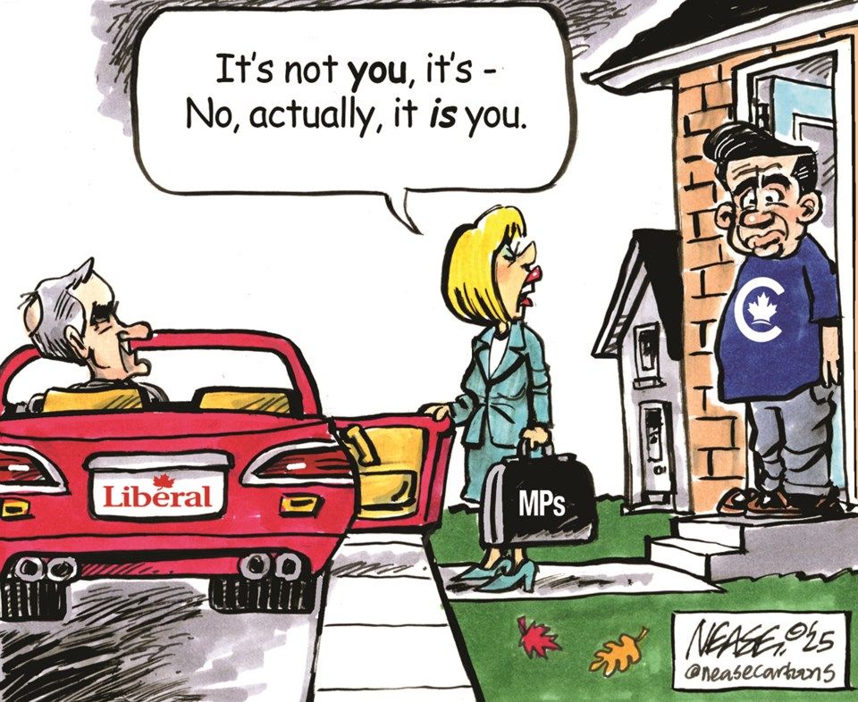 A cartoon by Nease shows carney in a red sportscar with a License plate reading Liberal, and a woman with a black briefcase that says MPS about to enter the car.   A very dumpy and  sad looking Poilieve stands on the steps of a home watching the scene of her leaving.