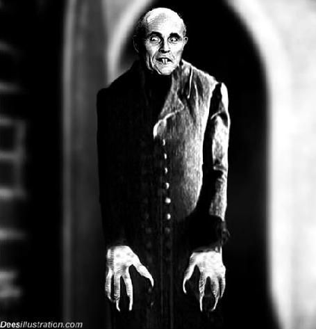 Rudy Giuliani's face has been transposed to a vampire from the silent movie era. He is looking especially dapper in a very long sleeved button down tunic that encases his long arms and very loooong fingers that have claws nails at their tips... Rudy also sports 2 sharp teeth which were placed odd;y together in the centre... rather than the usual canines... but somehow still works...