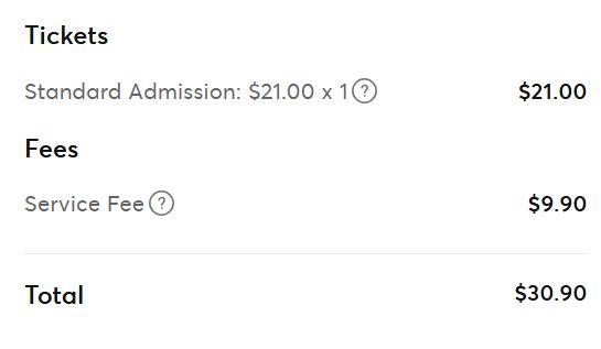 A summary of a purchase where the ticket was $21 but the total was $30.90 because of $9.90 in "service fees."