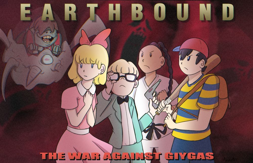 (From right to left) Paula, Jeff, Poo, and Ness looking ready to face off with Porky and Giygas