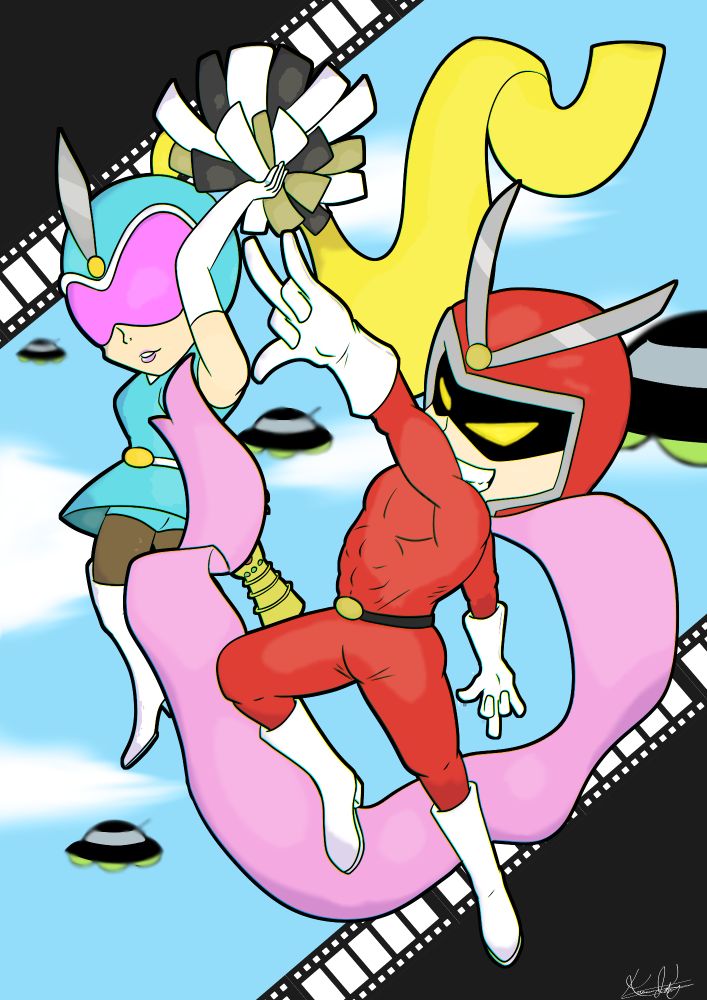 Viewtiful Joe and Sylvia popping out of a film reel
