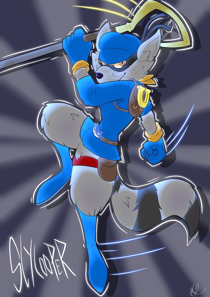 Sly Cooper in a ready pose with a golden horse shoe on his backpack