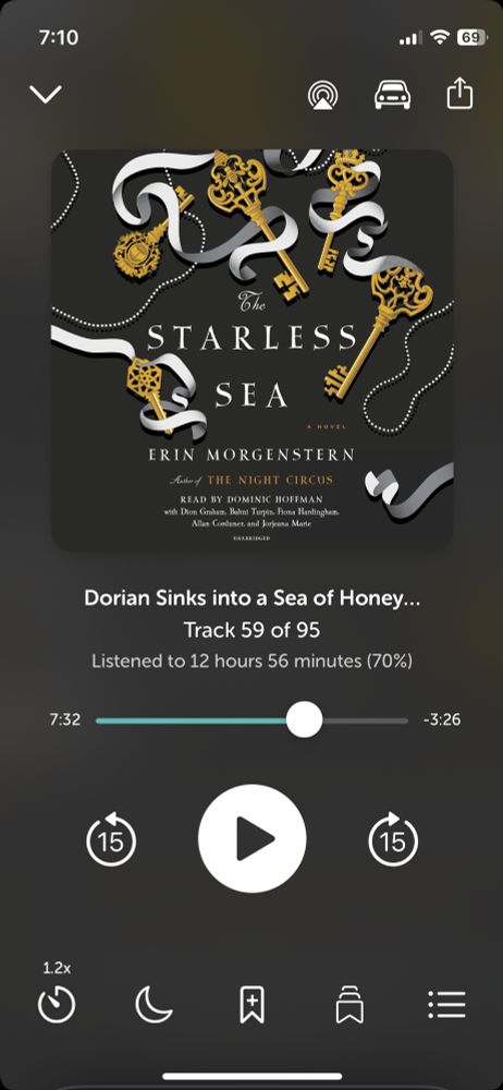 A screenshot of the app for Libro.FM displaying the cover of “The Starless Sea” by Erin Morganstern. The book’s progress tracking shows it is at track 59 of 95, 12 hours and 56 minutes, and 70% complete