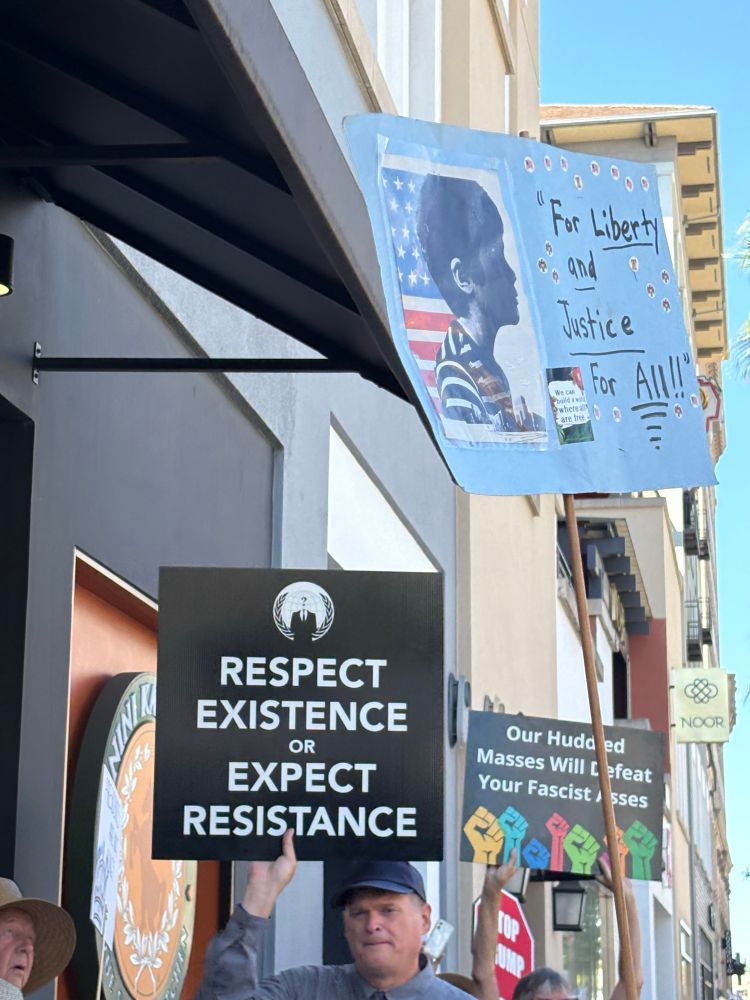 Photo of 3 signs “respect existence or expect resistance”, “our huddled masses will delete your fascist asses” and “for liberty and justice for all”