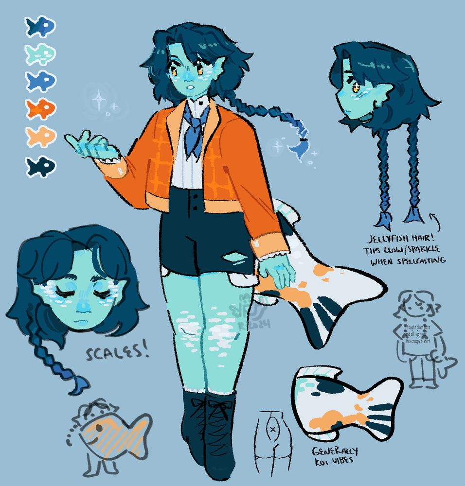 a reference sheet of a water genasi. it showcases their outfit, tail, and other important design notes