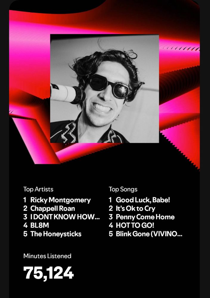 a screenshot of 2024’s spotify wrapped from OP. their top artists are ricky montgomery, chappell roan, BL8M, and the honeysticks. they’ve listened to spotify for 75,124 minutes this year. their top songs are good luck, babe!, it’s ok to cry, penny come home, HOT TO GO! and blink gone