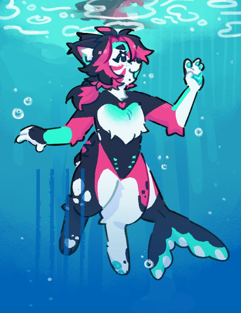 an underwater illustration of @radientlapis's character, looking up towards the surface